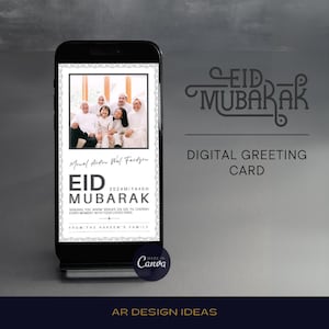 Edytowalna cyfrowa karta z pozdrowieniami Eid Mubarak - spersonalizowana rodzinna karta Eid ze zdjęciem, szablon cyfrowej karty Eid Mubarak, karta Eid