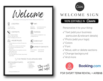 Plantilla editable de paquete de señalización para anfitriones de Airbnb: señales de bienvenida, wifi y de pago. Alquileres de vacaciones. Casa de vacaciones. Caravana.