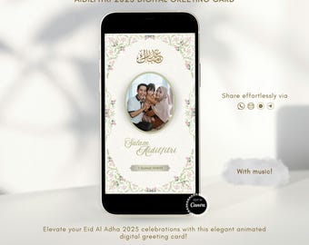 Plantilla de tarjeta de felicitación digital editable para Aidilfitri 2025. Tarjeta digital con foto familiar personalizable para Eid Mubarak con música.