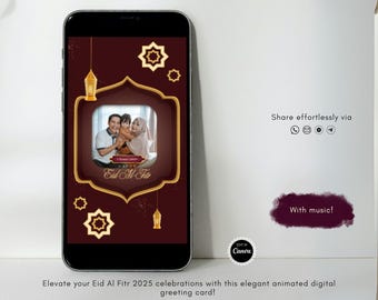 Plantilla de tarjeta de felicitación digital editable para el Eid al Fitr 2025. Tarjeta digital con foto familiar y música, fácil de editar.