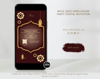 Invitación digital editable para la fiesta de puertas abiertas de Raya 2025. Plantilla de invitación digital para la fiesta del Eid. Invitación electrónica personalizable para la fiesta de puertas abiertas de Rumah Terbuka.