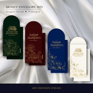 May include: Four different designs of red envelopes with gold floral patterns and Arabic calligraphy. The envelopes are green, maroon, blue, and white. The text on the envelopes says "Selamat Hari Raya Aidilfitri" and "Salam Aidilfitri".