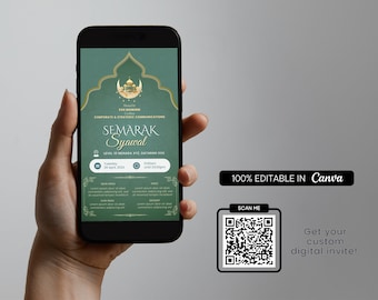 Invitación digital personalizable para la fiesta de fin de año. Tarjeta de invitación digital editable para la fiesta de Eid. Invitación digital para jornada de puertas abiertas.