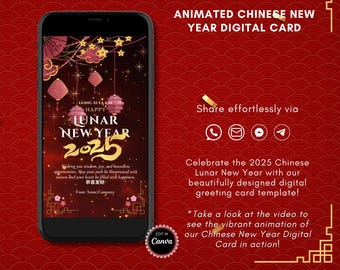 Tarjeta digital animada editable del Año Nuevo chino. Tarjeta personalizable del Año Nuevo lunar. Plantilla de Canva Gong Xi Fa Cai