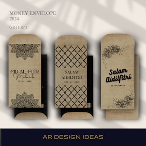Op de afbeelding: Drie enveloppen voor geld met beige linnen-textuur voorkanten en zwarte accenten. De enveloppen hebben decoratieve ontwerpen en tekst, waaronder "EID AL-FITR Mubarak", "SALAM AIDILFITRI" en "Salam Aidilfitri". De afbeelding bevat ook de tekst "MONEY ENVELOPE 2024" en "AR DESIGN IDEAS".