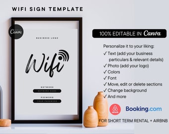 Plantillas de señales WiFi de Airbnb: señales WiFi personalizables para alquileres vacacionales. Plantilla Canva fácil de editar