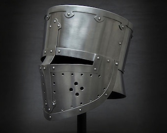 Handmade Medieval Great Helm - Steel Knight Crusader Helmet, SCA LARP Armor