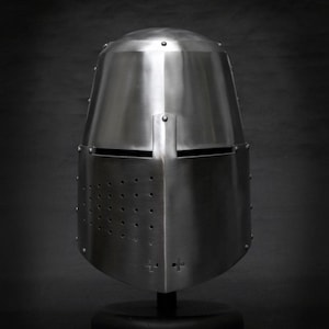 Gran Yelmo del siglo XIV - Casco de caballero cruzado medieval / Casco de armadura de acero para LARP, SCA, recreación histórica y cosplay