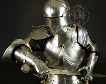 May include: A full suit of polished steel armor, including a helmet, chest plate, and arm and leg protection. The armor has intricate detailing and is designed to protect the wearer. The image shows a medieval knight's armor.