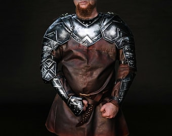 Dvärgstil svarta lajvaxelringar - Fantasy Metal Pauldrons för Cosplay, Reenactment och Kostymrustning