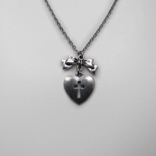 Ribboned cross engraved heart chain necklace