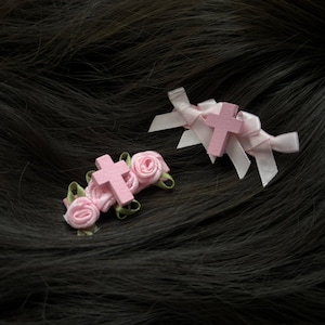 Pastel goth rose, bow & cross Linen lined hair clips - pack of 2