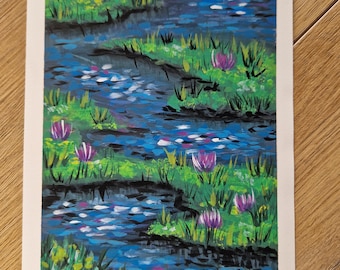 Original Gouache Painting Waterlillies Wallart Unique Art