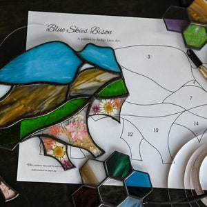 May include: A stained glass bison with pressed flowers, a pattern sheet, and tools for stained glass crafting. The pattern sheet is titled "Blue Skies Bison" and includes numbers 3, 7, 9, 12, 13, and 14.