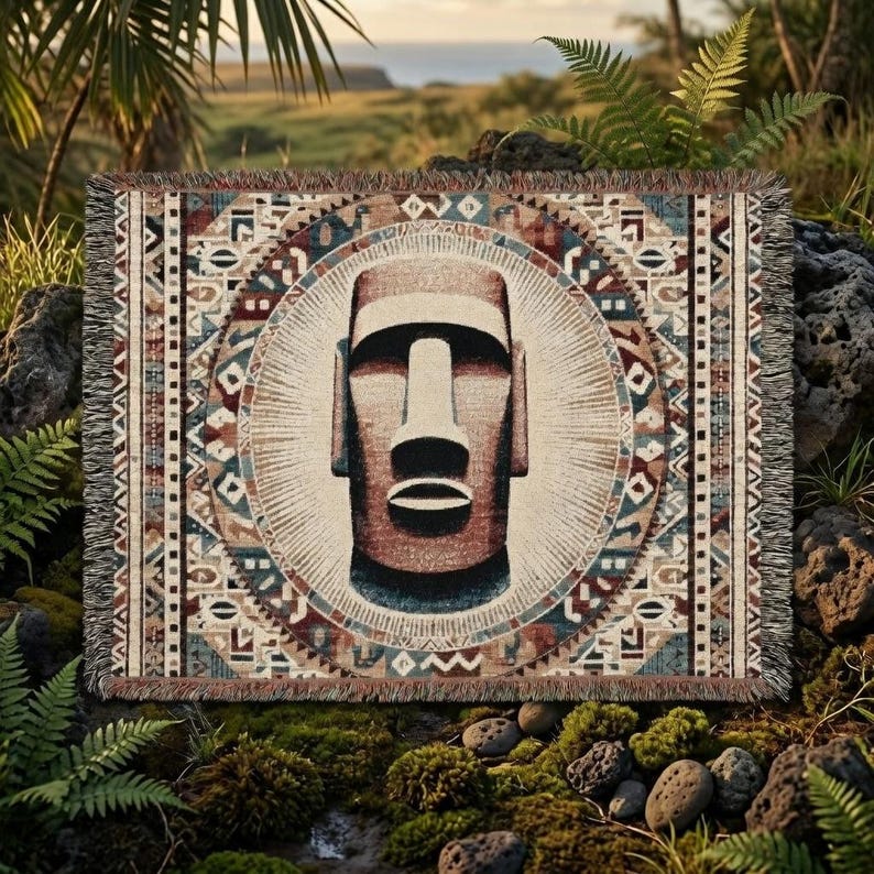 Easter Island Moai Mask Blanket | Woven Tapestry Throw, Tribal Monolith ...