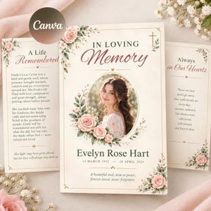 Puede incluir: Un programa funerario con el retrato de una persona rodeado de rosas rosas y hojas verdes. El texto dice In Loving Memory, Evelyn Rose Hart, 14 March 1992 - 28 April 2025, A Life Remembered y Always in Our Hearts con detalles florales.