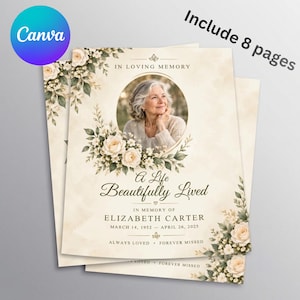 Op de afbeelding: Een 8-pagina tellend uitvaartprogramma sjabloon met een crèmekleurige achtergrond en florale aquarelaccenten. De tekst luidt IN LOVING MEMORY, A Life Beautifully Lived, ELIZABETH CARTER, MARCH 14, 1952 - APRIL 26, 2025, en ALWAYS LOVED - FOREVER MISSED.