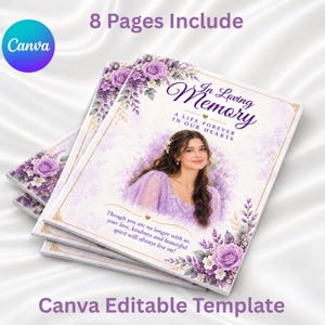 Può includere: Un modello di programma funebre con il ritratto di una persona in un abito color lavanda, circondato da rose viola e fogliame. Il testo recita In Loving Memory, A Life Forever In Our Hearts, e una citazione. Include 8 pagine.