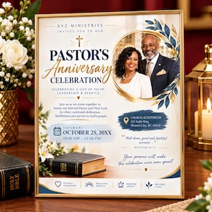 Puede incluir: Un folleto con marco dorado para una celebración de aniversario pastoral con la foto de una pareja, un icono de cruz y texto que incluye XYZ Ministries, la fecha 25 de octubre de 20XX y detalles de ubicación del Church Auditorium en 123 Faith Way.