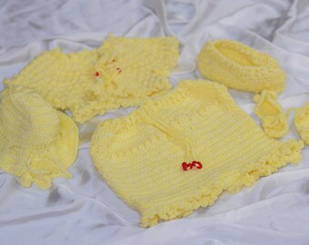 Hand crochet yellow sundress with matching skirt and shirt, cap ,headband and shoes.Newborn baby girl coming home outfit, Crochet dress set