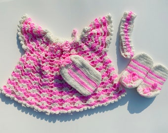 Crochet Baby Patterns, Crochet Baby Dress Pattern,  Baby frock Pink & White Baby set.Frock headband ,shoes and feeder cover Size. 0 to 3M