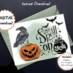 Druckbare Halloween Grußkarte sofortiger Download 7x5 inch Karten, Halloween Karte zum Download, ich verzaubere dich Karte, Krähe, Kürbis