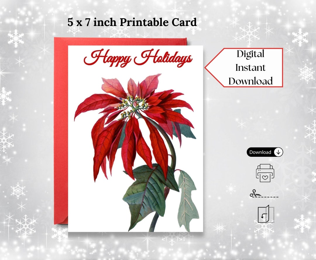 Beautiful Poinsettia Happy Holidays Christmas Printable Greeting Card ...