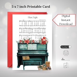 Bellissimo spartito Silent Night Music Biglietto d'auguri stampabile di Buon Natale, biglietto da 5x7 pollici, download istantaneo, pianoforte, fiori di Natale, regali