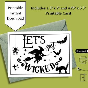 Let's get wicked Halloween printable greeting card, instant download, 5x7 inch card, Happy Halloween witch, black cat and bats