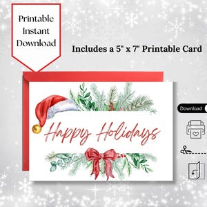Biglietto di auguri natalizio stampabile "Buone feste" con bellissimi rami di pino, nastro e cappello di Babbo Natale, download stampabile immediato