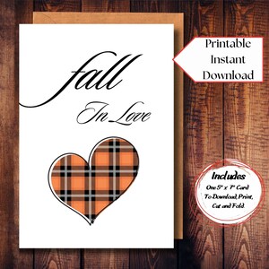 Biglietto pintable Fall In Love per l'autunno, biglietto da 5 x 7 pollici con un bellissimo cuore scozzese, biglietto di auguri per il download istantaneo