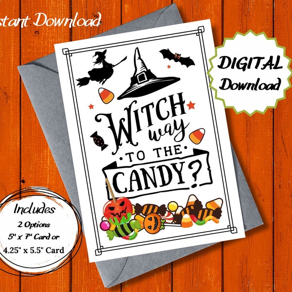 Printable Halloween greeting card instant download 5x7 inch cards, Halloween card to download, Happy Halloween candy bats pumpkin