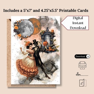 May include: Printable Halloween card featuring a skeleton and a woman dancing in front of a tombstone with a jack-o-lantern. The card is available in two sizes: 5x7 inches and 4.25x5.5 inches. Digital instant download.