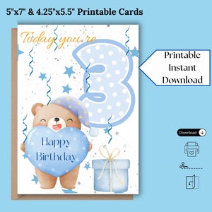 3e verjaardag Teddybeer & hart wenskaart/uitnodiging afdrukbare kaart in blauw, direct downloaden, verkrijgbaar in 2 maten 5x7 of 4.25x5.5