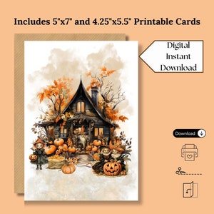 May include: Printable Halloween card featuring a watercolor illustration of a spooky cottage with pumpkins, a cat, and two children dressed as witches. The card is available in two sizes: 5 inches by 7 inches and 4.25 inches by 5.5 inches.