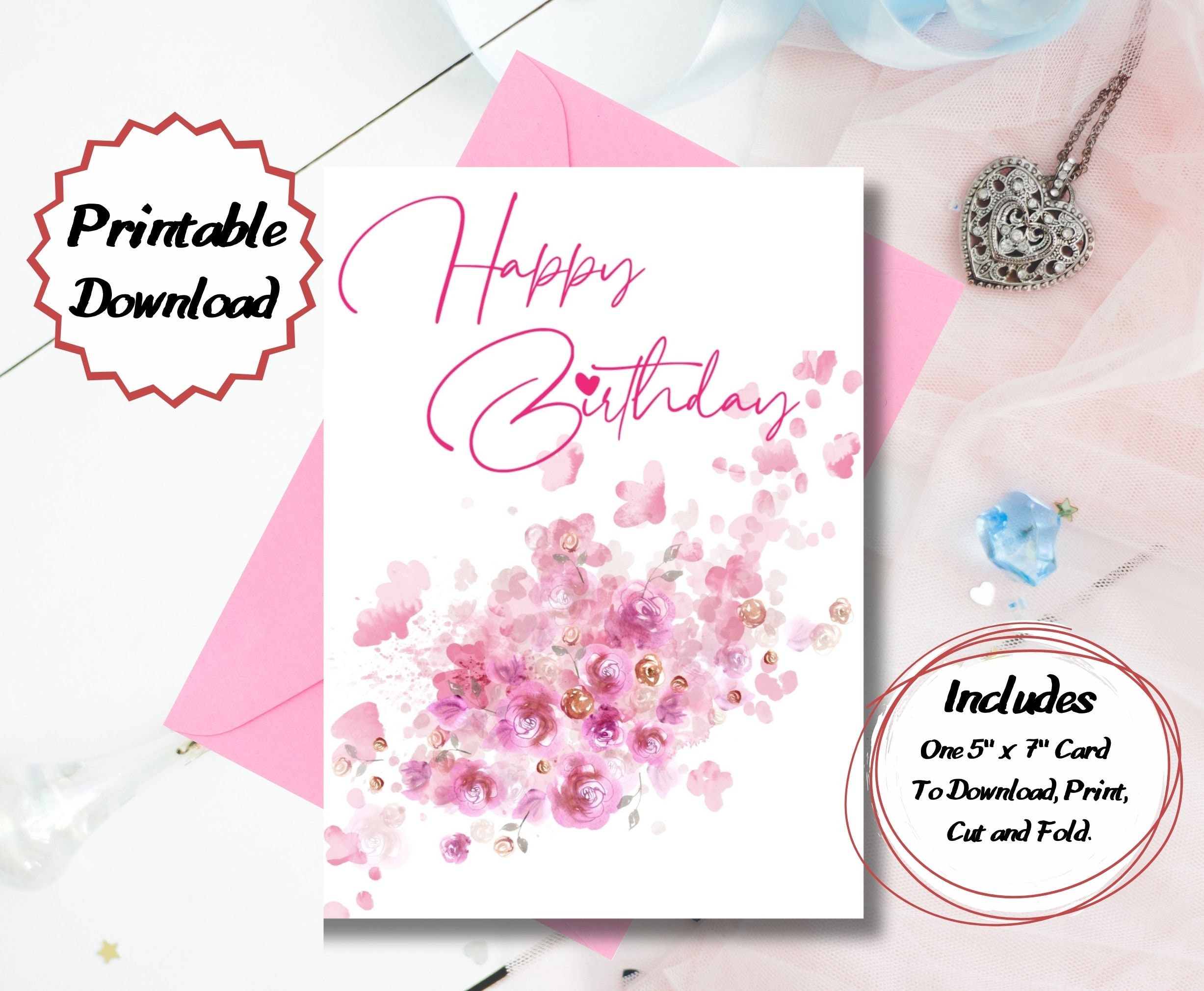 Beautiful Pink Floral Happy Birthday Printable Greeting Card - Etsy