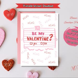 Amusant à imprimer « Be My Valentine » avec des cases à cocher oui ou non Carte de Saint-Valentin, téléchargement immédiat, XOXO's, enveloppe imprimable DIY incluse
