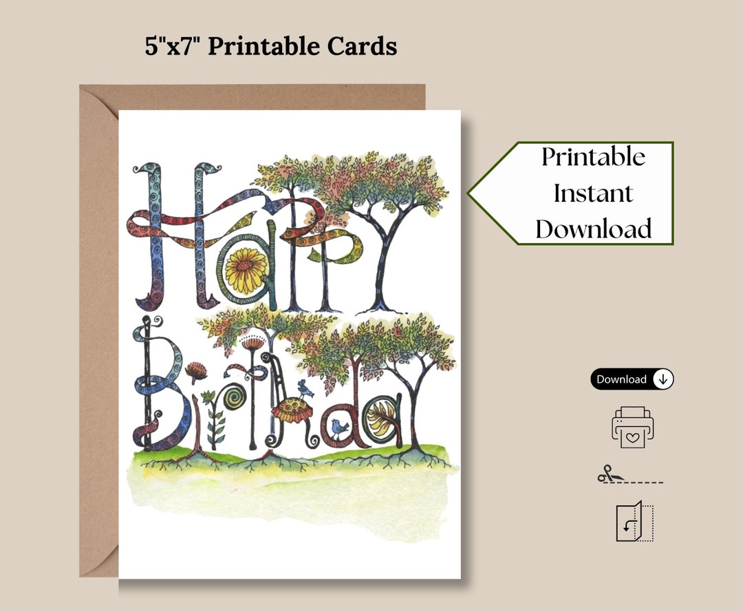 Happy Birthday Printable Greeting Card, Instant Download, 5x7 Inch Card ...