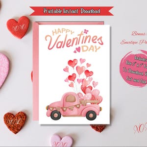Tarjeta imprimible de “Feliz día de San Valentín” con un camión rosa estilo campestre y globos rosas en forma de corazón, descarga instantánea, incluye sobre para armar