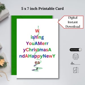 Word & Ribbon Christmas Tree afdrukbare kerstkaart, instant download, 5x7 inch kaart, Ik wens u prettige kerstdagen en een gelukkig nieuwjaar