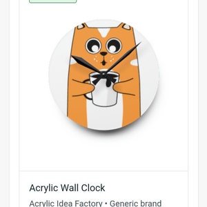 Puede incluir: Un reloj de pared redondo naranja y blanco con un gato de dibujos animados sosteniendo una taza. La esfera del reloj es blanca con manecillas negras. El texto "Acrylic Wall Clock" está debajo de la imagen. El texto "Acrylic Idea Factory - Generic brand" está debajo del título del reloj. El texto "1 size - Total 1 variant" está debajo del nombre de la marca. El texto "All in stock" está debajo de la información de las variantes. El texto "Published" está debajo de la información del stock.