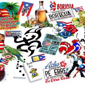 Puede incluir: Un collage vibrante con símbolos puertorriqueños. Incluye banderas, una rana, un loro, un gallo, una pareja bailando y texto que dice "Yo Soy Boricua Pa Que Tú Lo Sepa". También incluye una bebida de coco y una cafetera.