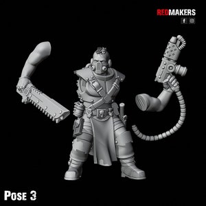 May include: A gray plastic miniature figure of a futuristic soldier with a gas mask, holding a weapon and a tool. The figure is in a dynamic pose, with one leg raised and the other bent. The figure is wearing a long coat and has a belt with a skull buckle. The figure is labeled "POSE 3".