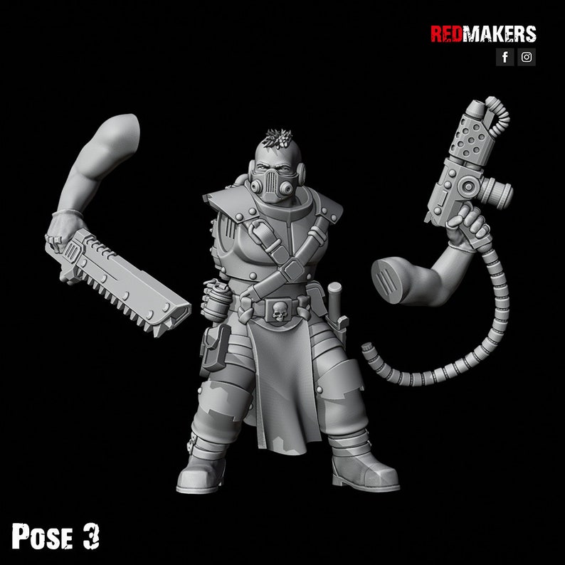 May include: A gray plastic miniature figure of a futuristic soldier with a gas mask, holding a weapon and a tool. The figure is in a dynamic pose, with one leg raised and the other bent. The figure is wearing a long coat and has a belt with a skull buckle. The figure is labeled "POSE 3".