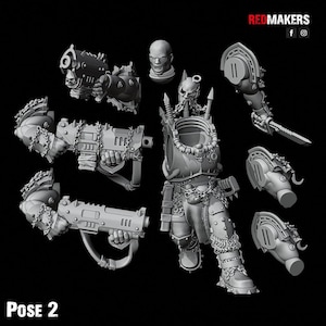 May include: A collection of gray, 3D-printed miniature war game components, including a torso, arms, weapons, and a head. The components are detailed with chains, spikes, and mechanical elements. The text "POSE 2" is visible at the bottom.