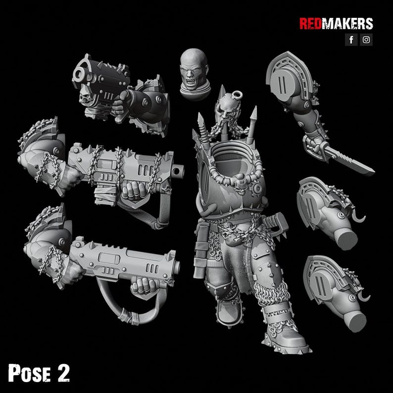 May include: A collection of gray, 3D-printed miniature war game components, including a torso, arms, weapons, and a head. The components are detailed with chains, spikes, and mechanical elements. The text "POSE 2" is visible at the bottom.