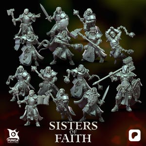Peut inclure: Une collection de douze figurines de guerriers grises intitulée Sisters of Faith. Chaque figurine porte une armure de plaques et manie diverses armes, notamment des marteaux, des épées, des masses et des boucliers. Certaines tiennent des livres ou des encensoirs.