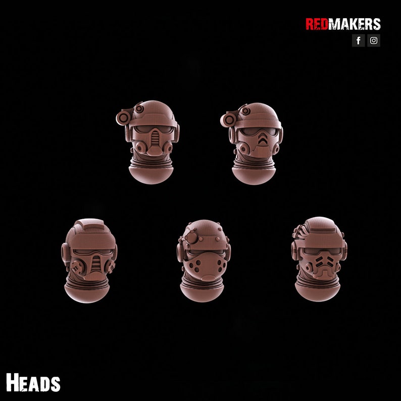 May include: Five 3D printed plastic heads with different helmet designs. The helmets are brown and have various details, including visors, antennas, and other accessories. The heads are all facing forward.