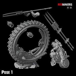 May include: A 3D printed model of a futuristic vehicle with a circular base and a large, segmented wheel. The vehicle is accompanied by a separate 3D printed model of a rider, a spear, and a smaller circular object. The model is printed in a gray color.