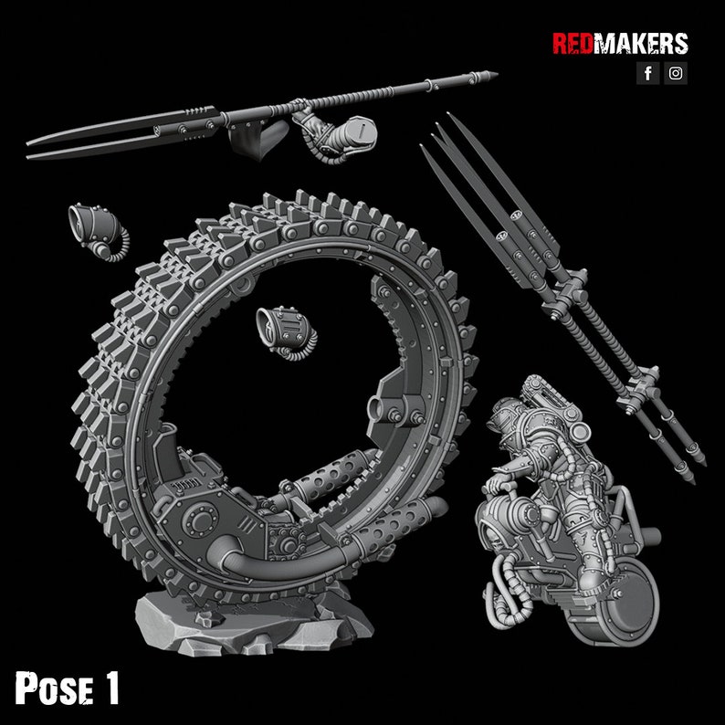 May include: A 3D printed model of a futuristic vehicle with a circular base and a large, segmented wheel. The vehicle is accompanied by a separate 3D printed model of a rider, a spear, and a smaller circular object. The model is printed in a gray color.